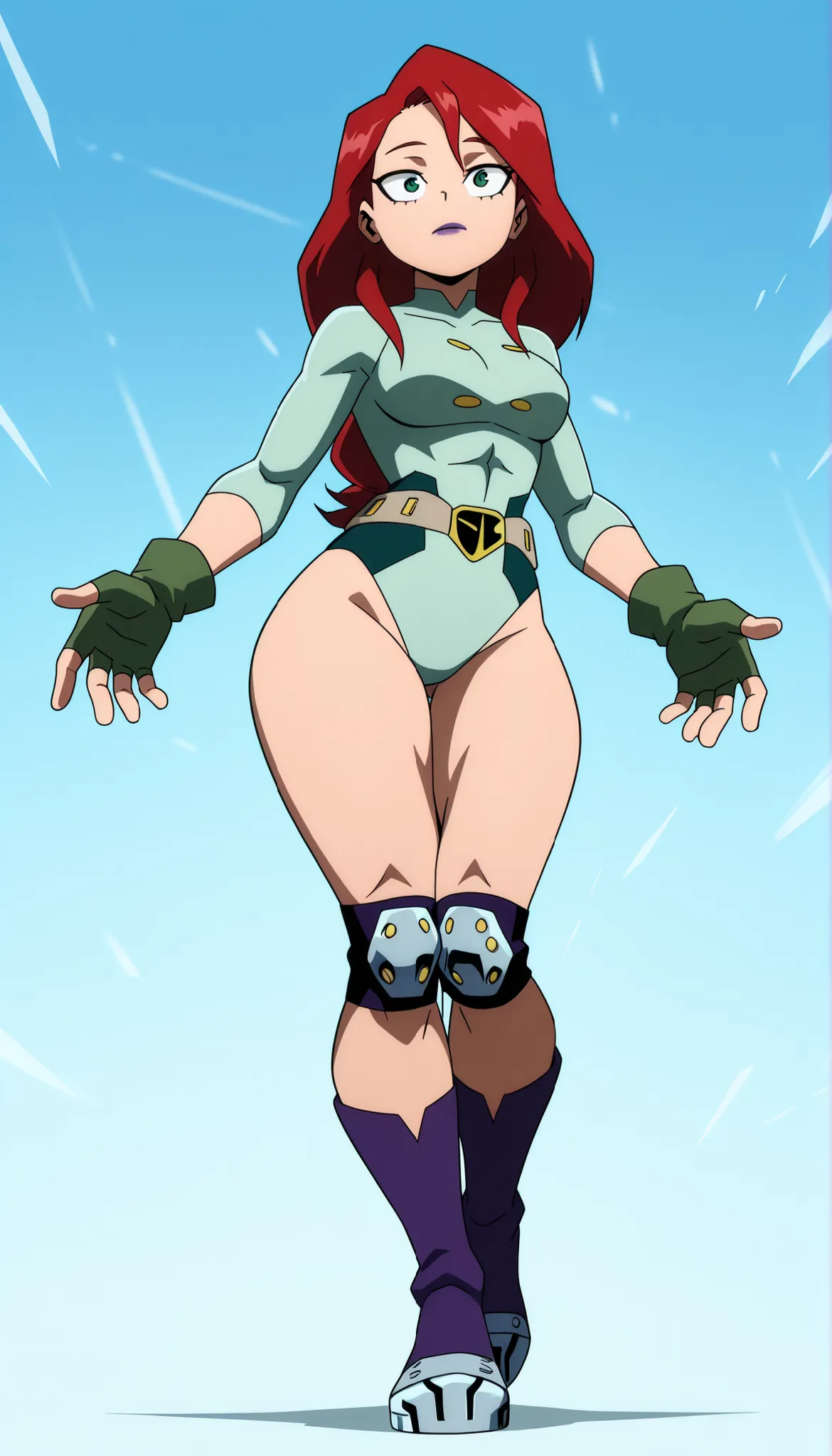 (1girl), Solo, Redhead, long hair, green eyes, purple lipstick, Green tight-fitting long-sleeved leotard, Green tight-fitting leotard, Long-sleeved tight-fitting leotard, tight-fitting leotard, (Bare legs), Wide thighs, wide calves, fingerless green gloves...