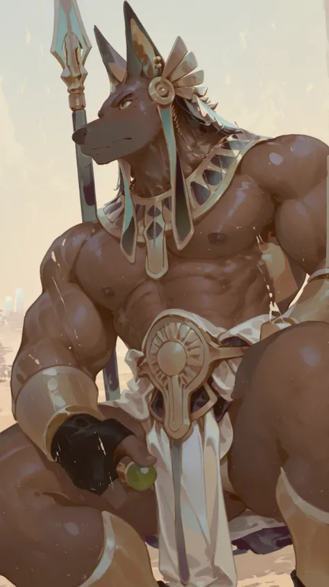Anubis、sit down、muscular、Anubis、Anubis、masterpiece、highest quality、 male、 male、cartoon drawing of a man holding a spear