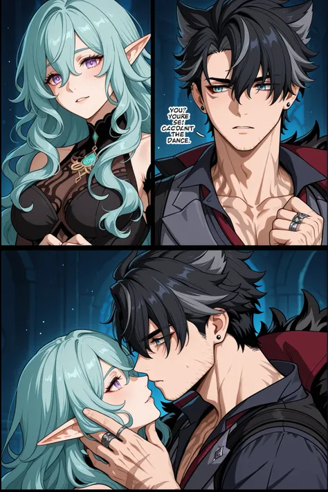 A comic featuring Wriothesley from Genshin Impact, depicting Wriothesley beginning to dance with an elf with light gray-turquoise wavy hair cut in a cascade and mint-bright eyes. Wriothesley wants to impregnate the elf.