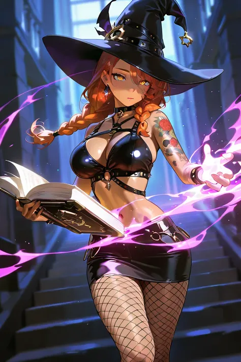 highres, very detailed, amazing quality, masterpiece,very aesthetic,glitter, particle effect,1girl, solo，real style, beautiful eyes, mature face, tan skin, double braided ponytail, tattoo, arm tattoos,  skimpy top, body strap harness, fishnet leggings, skirt, mage outfit, mage hat, choker, visible shoulders,  playful, reading a book, magical book, casting a spell, magic in hands, magic energy on hands,Mage