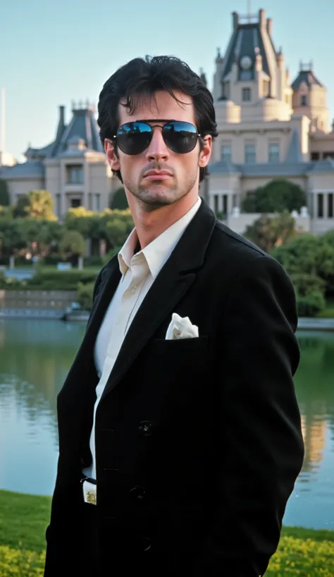 Do him with blazer and dark snake-style glasses the movie elegant background of a mansion with a lake and a person falls