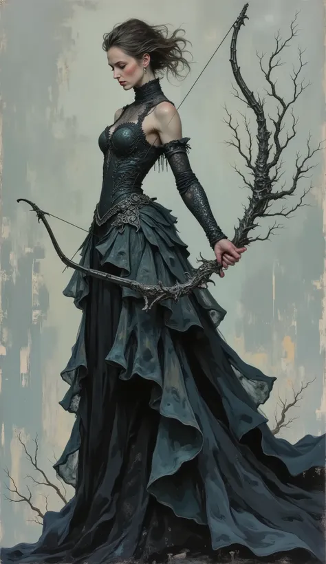 Oil-up style artwork, a painting of A woman stands in a tense, archer-like stance, gripping an ornate bow formed from twisted metallic branches that resemble sculpted vines. The bow gleams in deep silver and pewter tones, its form elegant and organic. She ...