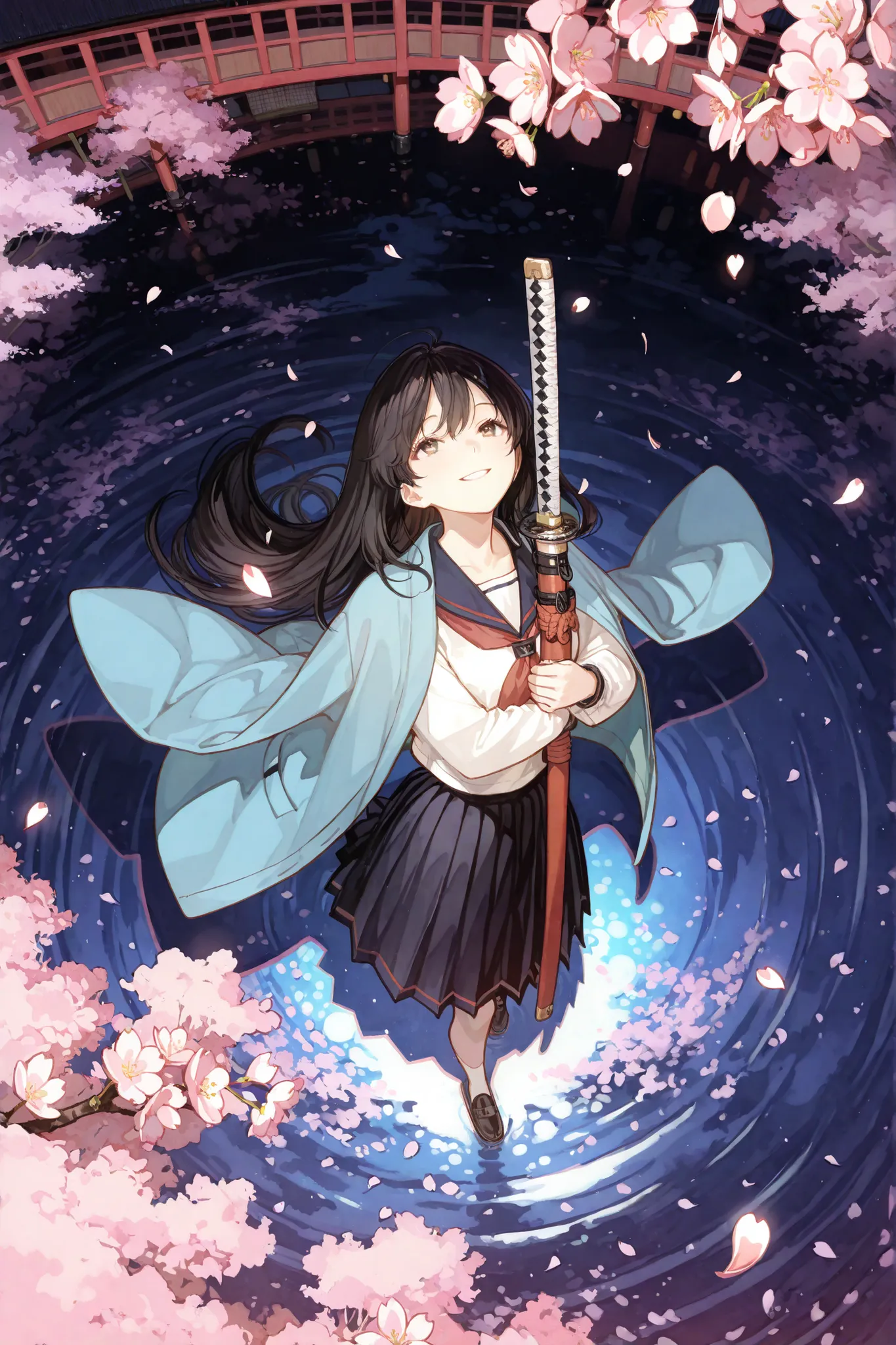 masterpiece, top quality, Very Detailed, 1girl, Smiling peacefully, Look Up, sheathed long katana hug, school uniform, large haori on shoulders,  cherry blossoms at night, cherry blossom petals dance, Pure Japanese style, from above
