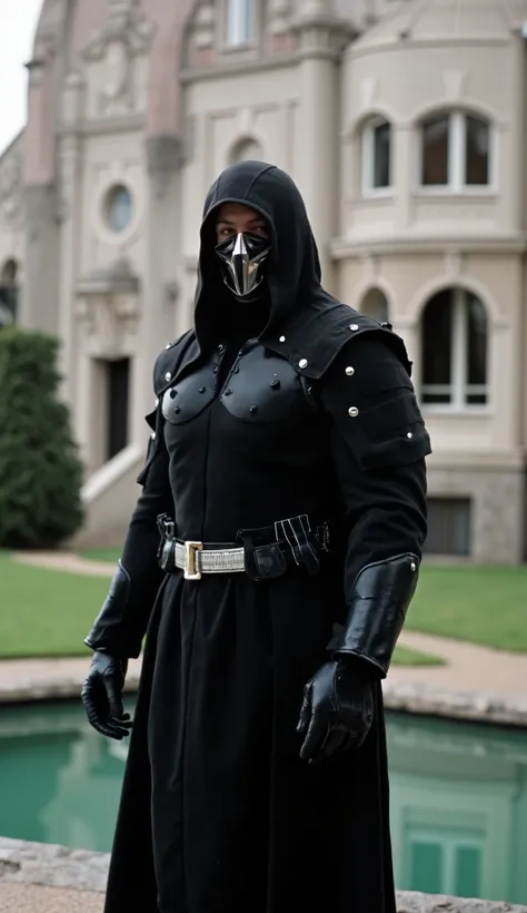 He is wearing the costume of Noob Saibot from Mortal Kombat with his black metal mask focused on the face elegant background of a mansion with a lake and a person