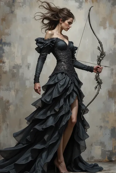 Oil-up style artwork, a painting of A woman stands in a tense, archer-like stance, gripping an ornate bow formed from twisted metallic branches that resemble sculpted vines. The bow gleams in deep silver and pewter tones, its form elegant and organic. She ...