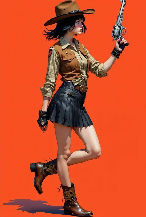 SRC, Cinematic Style, is a highly detailed digital illustration combining anime and western styles, which depicts an energetic young cowboy with fair skin, full-length, with a petite but athletic physique and an elegant black bob haircut with straight bang...