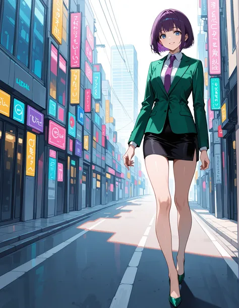 score_9,score_8_up,score_7_up, 1girl, 22 years old, beautiful woman, beautiful face
BREAK
ultra-detailed, solo, standing in an empty Miami street, (professional green suit jacket), (purple necktie), (black pencil miniskirt), (bare legs), (matching green hi...