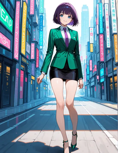 score_9,score_8_up,score_7_up, 1girl, 22 years old, beautiful woman, beautiful face
BREAK
ultra-detailed, solo, standing in an empty Miami street, (professional green suit jacket), (purple necktie), (black pencil miniskirt), (bare legs), (matching green hi...