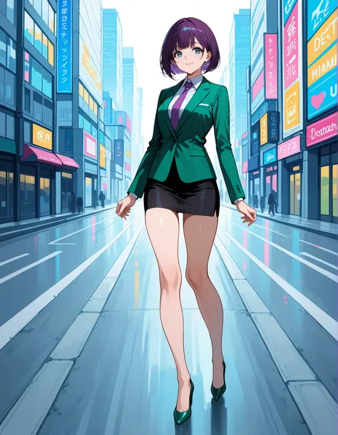 score_9,score_8_up,score_7_up, 1girl, 22 years old, beautiful woman, beautiful face
BREAK
ultra-detailed, solo, standing in an empty Miami street, (professional green suit jacket), (purple necktie), (black pencil miniskirt), (bare legs), (matching green hi...