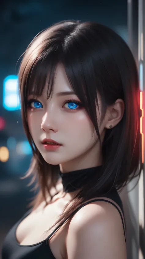 super realistic,(beautiful pale cyberpunk female, cute face), Blue Eyes, side bang, Hyper Details, cinematic lighting, Magical neon, dark red city, Slender Body