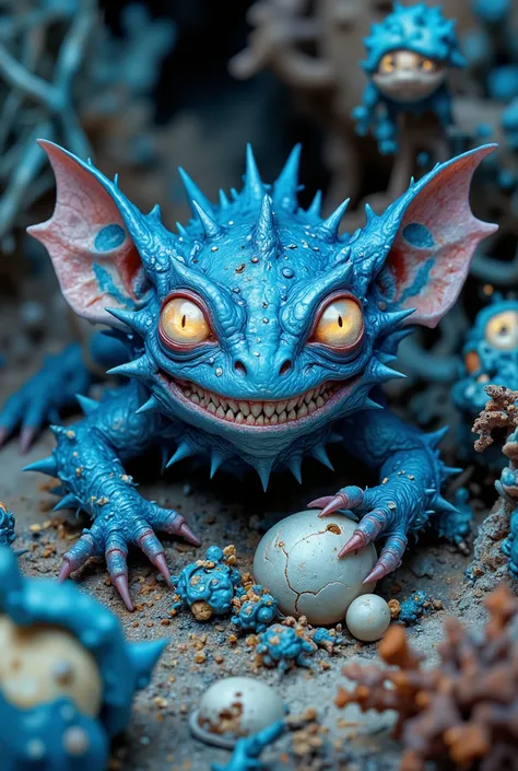A 9:16 fantasy character portrait in photoreal creature surrealism. chaos hatchling, thorny imp, blue mythos, gleeful trickery, 8k, ultra-detailed fantasy sculpt, cinematic contrast A small spiny creature, covered in electric blue bristles and coral-like ...