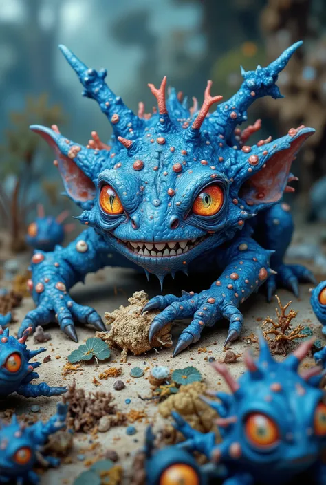 A 9:16 fantasy character portrait in photoreal creature surrealism. chaos hatchling, thorny imp, blue mythos, gleeful trickery, 8k, ultra-detailed fantasy sculpt, cinematic contrast A small spiny creature, covered in electric blue bristles and coral-like ...
