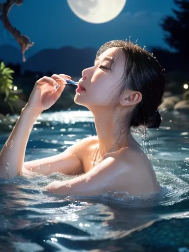 Bathing, immersing yourself in water up to your nose, full moon, moonlight, open-air bath,(((slender:1.5))), ((30 years old)), Japanese female, beautiful, ((masterpiece)), ((best quality)), (ultra-detailed),