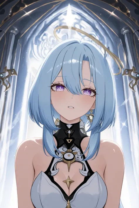 ((apenas)), (griseo :1.2), Aquecer, Beautiful woman with blue hair , cabelo curto, cabelo desgrenhado, sidelocks, levado, white breath, Olhos azuis, olhos brilhantes, seios grandes, decoration, bright white aura, upper body, ao ar livre, Mundo diferente...