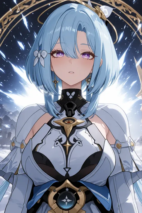 ((apenas)), (griseo :1.2), Aquecer, Beautiful woman with blue hair , cabelo curto, cabelo desgrenhado, sidelocks, levado, white breath, Olhos azuis, olhos brilhantes, seios grandes, decoration, bright white aura, upper body, ao ar livre, Mundo diferente...