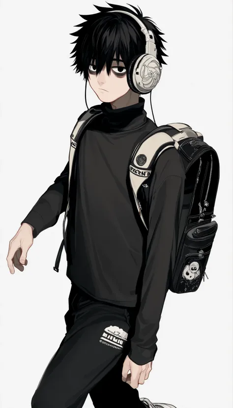 Source_anime, score_9, score_8_up, score_7_up, score_6_up,Japanese painting style, solo, one boy underneath him, voluminous casual hair、black hair、 eyes are slightly hidden by bangs, Male Focus, staring at the viewer, white background, black eyes、sleepy ey...