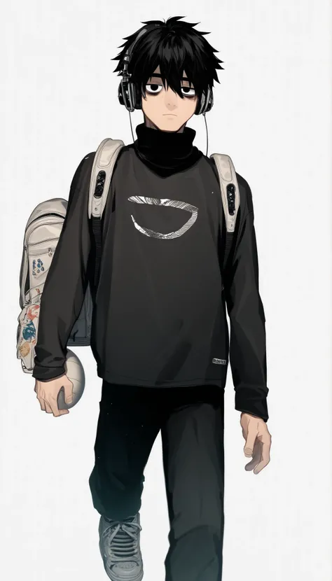 Source_anime, score_9, score_8_up, score_7_up, score_6_up,Japanese painting style, solo, one boy underneath him, voluminous casual hair、black hair、 eyes are slightly hidden by bangs, Male Focus, staring at the viewer, white background, black eyes、sleepy ey...