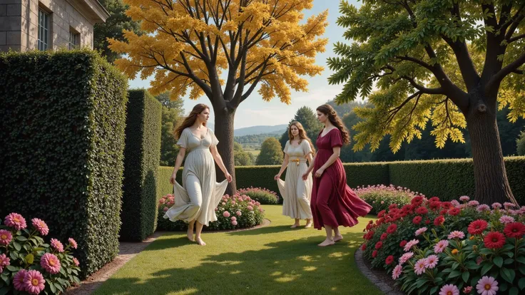 An enchanted garden bathed in the golden light of dusk, filled with leafy trees with gleaming leaves and golden fruits—magical apples that shine like tiny suns. In the center, three nymphs—the Hesperides—dance gracefully among exotic flowers, their flowing...
