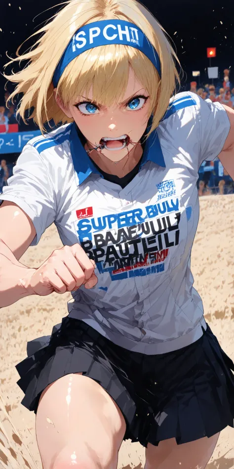 Background:Ground,Games,race,Spectators,Athletes,headband on the head,Athletesの服,Running powerfully,Sand that can be rolled up,1girl,serious expression,,dynamic angle,dynamic pose with blood in the mouth,action pose,Anime Chic,safe content (masterpiece, 最H...