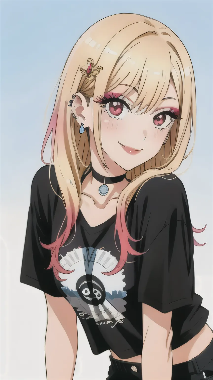 tall body, tall, long legs, mature female, mature, adult, eft_marin, 1girl, kitagawa marin, blonde hair, solo, long hair, shirt, shorts, smile, red eyes, black shorts, black shirt, piercing,  multicolored hair, choker, earrings, jewelry, t-shirt, ear pierc...