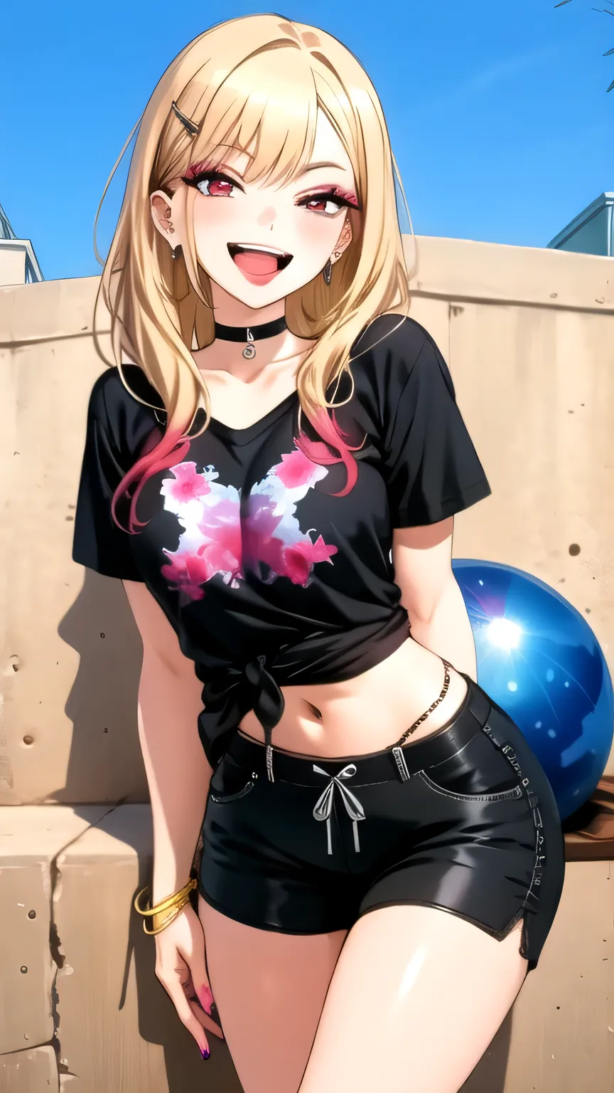tall body, tall, long legs, mature female, mature, adult, eft_marin, 1girl, kitagawa marin, blonde hair, solo, long hair, shirt, shorts, smile, red eyes, black shorts, black shirt, piercing, open mouth, looking at viewer, multicolored hair, choker, earring...