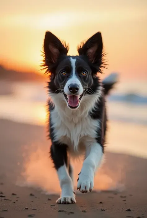 Best Quality, super detailed, masterpiece, score_9, 8k, high resolution, Top Quality, score_8_up, Border Collie, Black and White Coat, Smart eyes, Seaside scene, beach sand background, The waves crashed on the shore, Sunset, Golden light, Running stance, F...