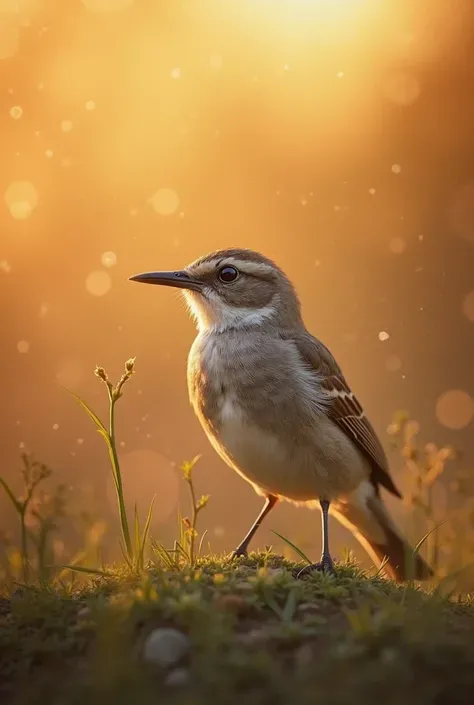 A charming close-up photo，shows a beautiful bird，illuminated by soft golden light on a quiet morning，with a bokeh ball gently framing its petite body