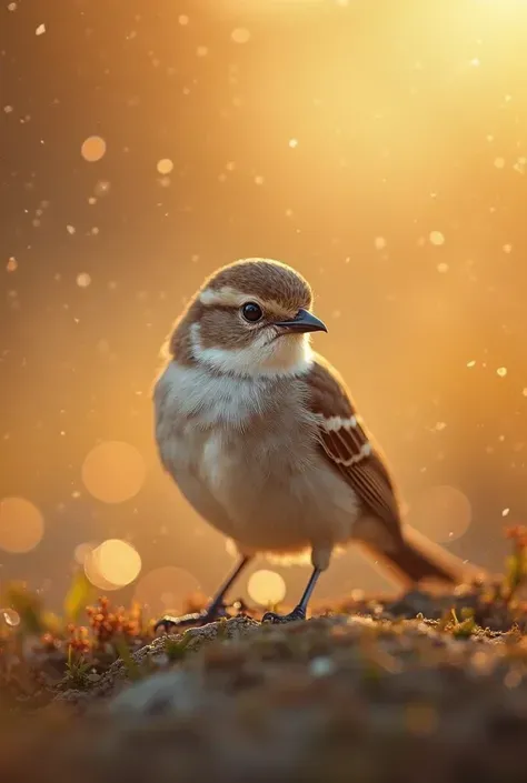 A charming close-up photo，shows a beautiful bird，illuminated by soft golden light on a quiet morning，with a bokeh ball gently framing its petite body