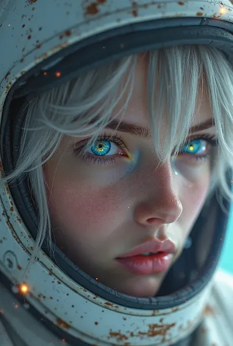 (Close-up of an excellent masterpiece:1.5)0.9]，(Space and astronauts:1.2) (Messy silver hair:1.1) (Heterochromatic eyes, yellow, blue eyes:1.2) (Casque spatial:1.0) (with colored stars in the eye:1.0) (Dazzling light:1.1) (Thick lip:0.9)