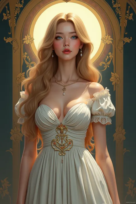 8K分辨率,masterpiece,Highest image quality,winning artwork,Beautiful,Anatomically Accurate Skeleton,独特的Raised sexy女士,healthy figure,18yr old,Height 158cm,Long golden hair,Mysterious Blue Big Eyes,Standard nose,eyeline,pink lip,Super Huge Swinging Chest,Raised...
