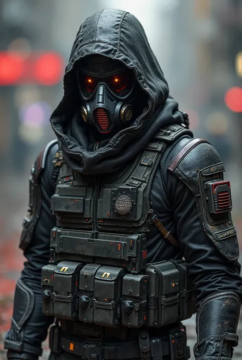 Dark futuristic tactical base (preto fosco + cinza antracite) with dark red details (Deathstroke) and optical white (Fantomex).

Partial facial respirator mask (estilo Fantomex/Ghost) with basic internal HUD (tipo Bloodsport).

Ballistic inner hood + adapt...