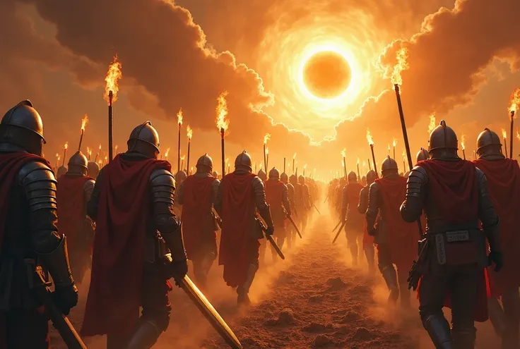 An apocalyptic scene where an army of soldiers of God, with shining armor and fire swords, advances against an army of shadows and demonic creatures. Despite the fierce battle, the soldiers of God march with courage, their faces full of determination and h...