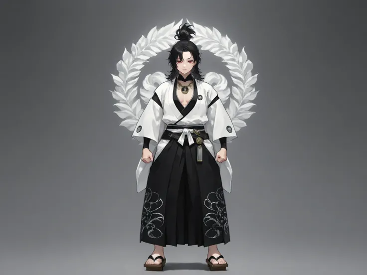 full body, front view, standing pose, tall and lean build, open kimono top, (half white half black outer kimono), white side decorated with large geometric patterns, dark side plain or minimally detailed, layered inner clothing with visible collar, traditi...