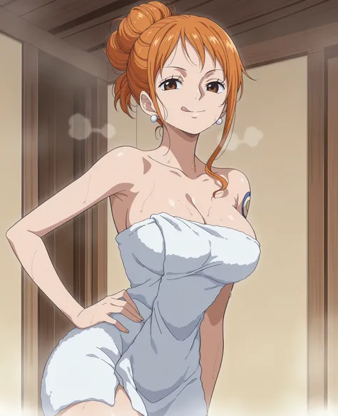 1girl,solo,mm,mature female,orange hair,brown eyes,earrings,large breasts,anime coloring,
hair bun,naked towel, cleavage, steaming body, after bathing, hand on own hip, looking at looking at viewer, seductive smile, licking lips, indoors
,masterpiece,best ...
