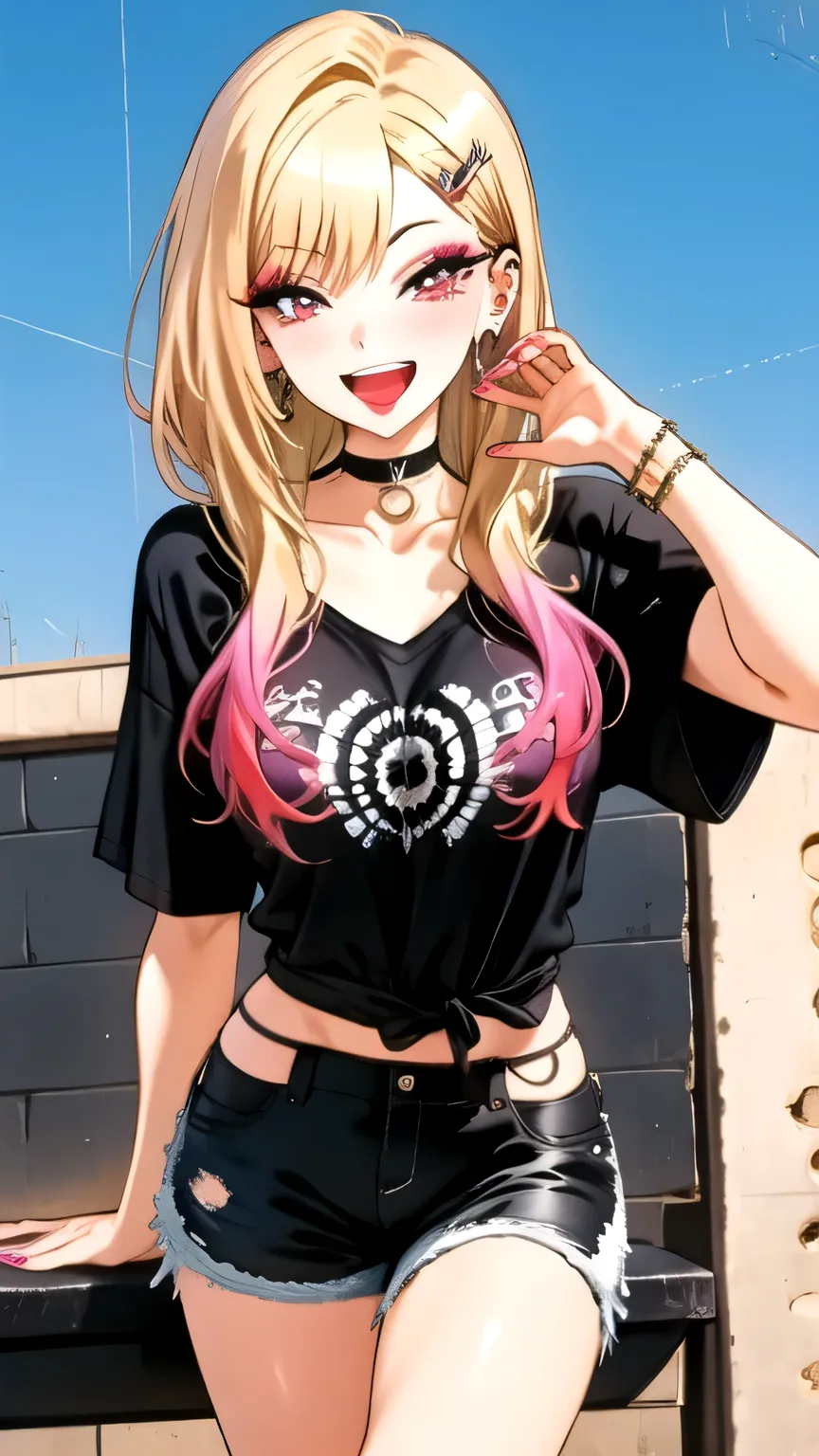 tall body, tall, long legs, mature female, mature, adult, eft_marin, 1girl, kitagawa marin, blonde hair, solo, long hair, shirt, shorts, smile, red eyes, black shorts, black shirt, piercing, open mouth, looking at viewer, multicolored hair, choker, earring...