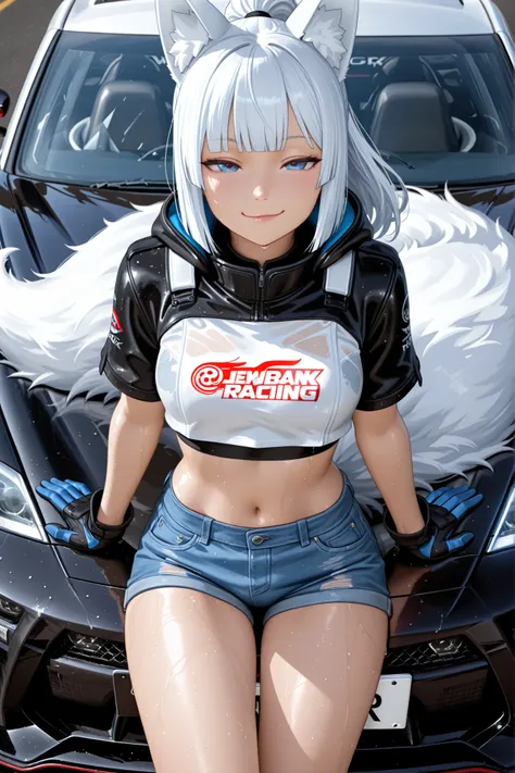 anime style, cinematic wide-angle shot,Nissan GTR R35, aw0k car,Sit on the hood of a car,centered in the frame, white hair in hime cut and high ponytail, 9 large fluffy fox tails, wearing denim shorts, crop top, cowboy shot,face focus,racing gloves and rac...