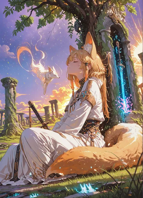 (masterpiece), (best quality), ultra-detailed, cinematic fantasy lighting, epic painting style, soft glowing atmosphere, arthurian legend tone, (dutch angle), side view, from side, sitting
a beautiful thousand-year-old fox spirit girl resting with her bac...