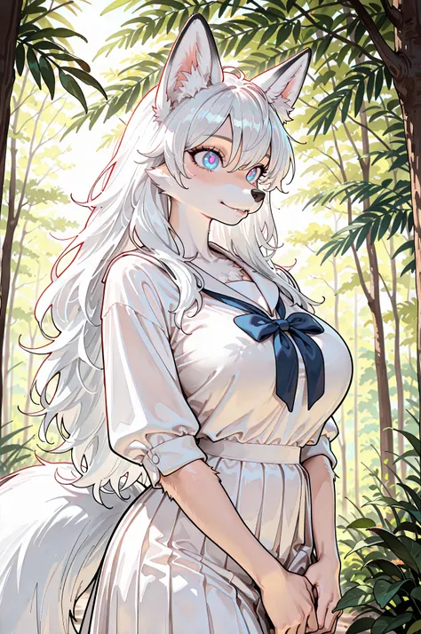 Millennium Fox、Graceful Fox Woman、(fox girl)、beautiful long hair、white hair、Hairy Body、White fur、big breasts mystical eyes、graceful behavior、Harmony with Nature、dense atmosphere、Fantastic Backgrounds、Delicate Light and Shadow、Traditional Japanese style、digital illustration、4K rendering、delicate texture、Realistic Texture、EXCELLENT DETAILS、professional workmanship、Brilliant Colors、deep depth of field、furchan