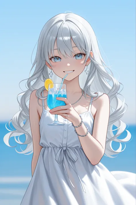 Attractive Young Woman、Silver Color Loose Fluffy Long Hair、Soft curly hair 、Clear Skin、Delicate Expression、Ice Drink in Hand、glass with ice、Summer Sun、Clear Fresh Summer Dress、simple silver earrings、Silver Chain Bracelet、Sparkling Ornaments、natural smile、U...