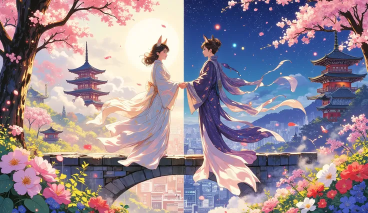 A mesmerizing, dual-panel masterpiece portraying a traditional Kitsune's millennial life, bridging ancient and modern Japan. On one side, she embodies her feudal Japan existence: an ethereal figure with multiple tails, amidst blooming cherry blossoms, trad...