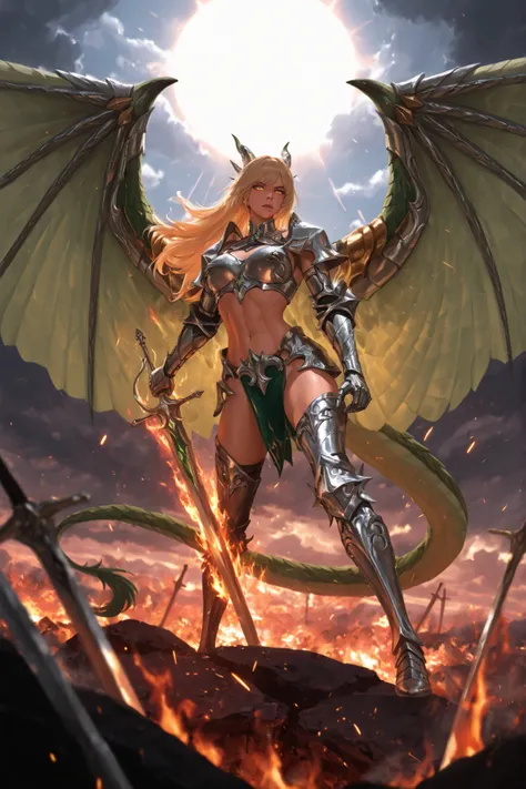 alta qualidade, obra-prima, detailed photograph a warrior girl, athletic and toned body, silver metal armor decorated with gold details, ornate shoulder protectors, metal arm straps, knee-high combat boots, long hair loose in the wind, determined and fierc...