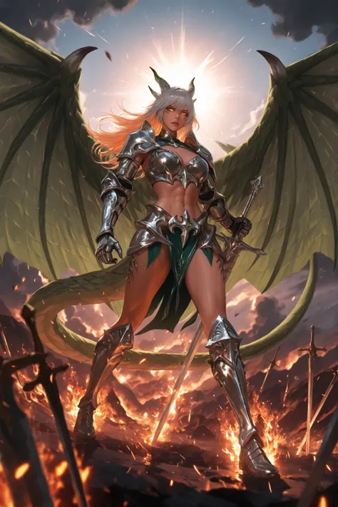 alta qualidade, obra-prima, detailed photograph a warrior girl, athletic and toned body, silver metal armor decorated with gold details, ornate shoulder protectors, metal arm straps, knee-high combat boots, long hair loose in the wind, determined and fierc...