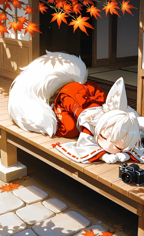 semi-realistic anime-style small and adorable chibi fox girl with elegant fluffy white fur and large fox ears, sleeping peacefully on a wooden engawa (veranda) of a serene traditional Japanese shrine
her small body is curled up cutely, her big soft tails wrapped protectively around her, one paw-like hand resting under her cheek. Her expression is calm and content, with slightly rosy cheeks.
she's wearing a miniature shrine maiden outfit (miko), modified to fit her chibi size, with red and white fabric gently fluttering in the breeze. Fine golden and sakura-themed embroidery on her robes adds elegance.
background shows the wooden structure of the shrine, faded but well-kept, surrounded by maple trees and mossy stones. Gentle warm sunlight filters through the leaves, soft shadows dancing around her.
the atmosphere is peaceful, magical, and nostalgic. soft cinematic lighting, painterly textures, subtle fur gloss, light bloom effect.
full body view, slightly top-down camera angle, detailed fur, large expressive eyes gently closed, cute chibi proportions with refined texture and soft light play on her skin and outfit.