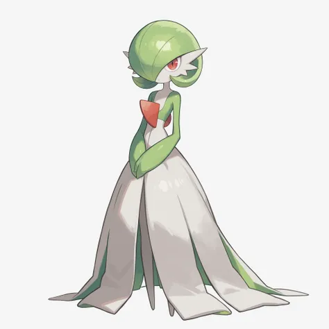 masterpiece, ultra-HD, impressionism, high detail, best quality, very aesthetic, 8k, best quality, beautiful, Gardevoir, 1girl, solo, white skin, green hair, short hair, red eyes, white dress, pokemon (creature), green sleeves, slim, serious, cute, hands o...