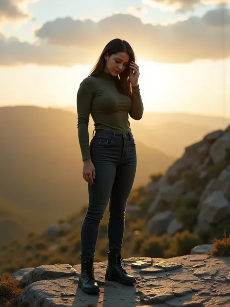 Ultra-realistic portrait of a young woman standing on a rugged stone plateau during golden hour, surrounded by natural wilderness and distant rolling hills. She wears a fitted long-sleeve olive green shirt, dark high-waisted skinny jeans, and military-styl...