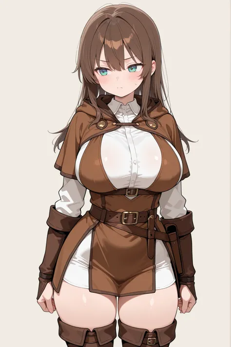 young small short girl, solo, large breasts, long hair, standing, brown adventurer outfit, simple background, confident, 