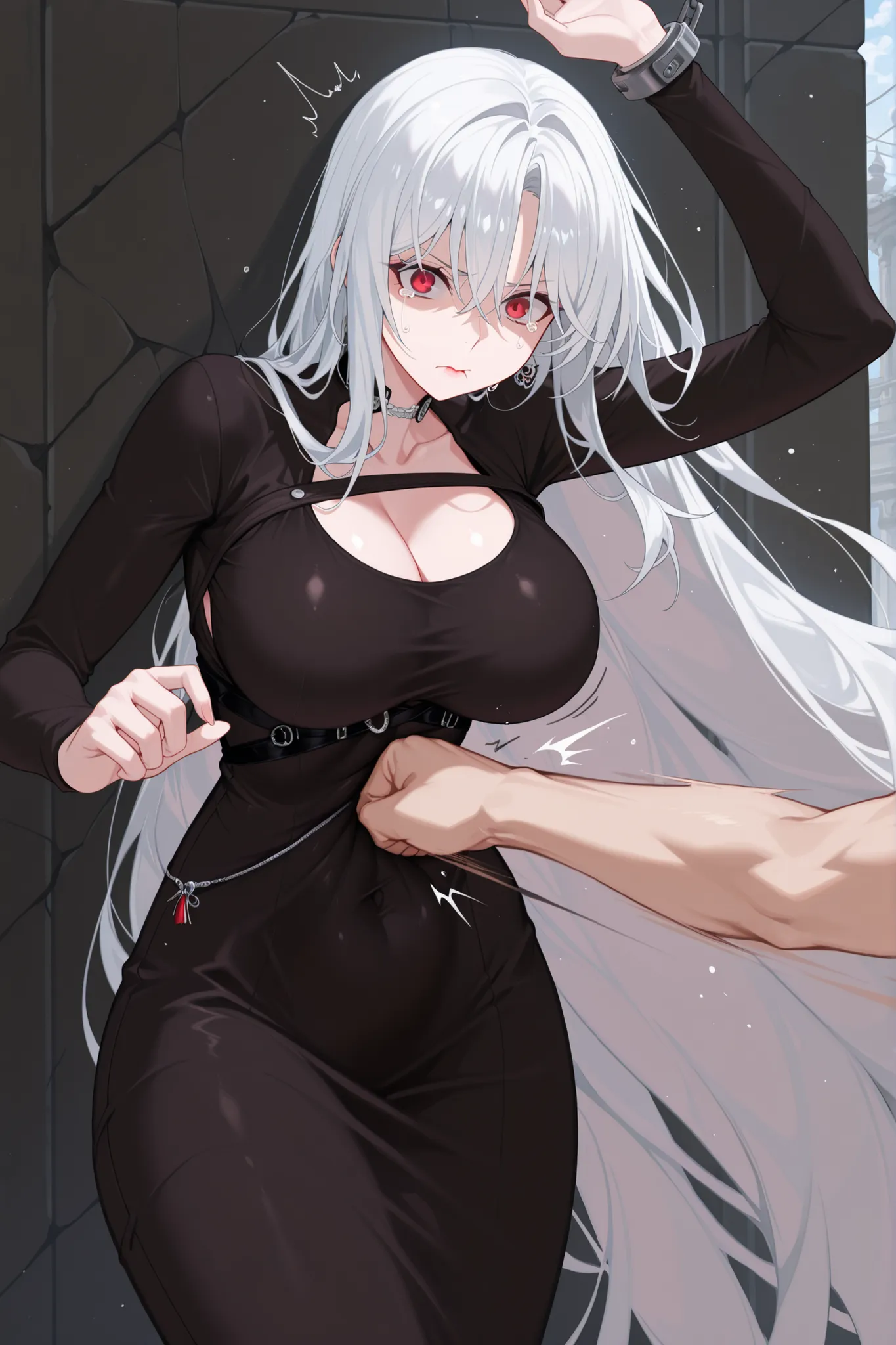 masterpiece,best quality,highres,Super detailed,very detailed,highest quality,super detailed,high quality,high-definition,extremely detailed, absurdres,perfect lighting,outdoors,hanging all hands over head,hanging two hands over head,chain restrict her wri...