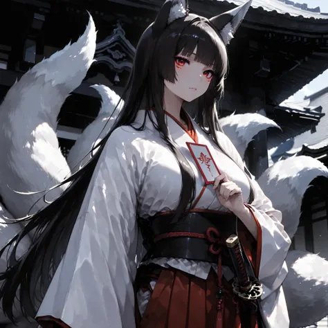 (anime:1.4),(solo:1.5), (:1.5), (adult female)、girls, Nine-Tailed Fox, , dark haired, long hair, Animal ears, , , Fox,, 、 白いNine-Tailed Foxの尻尾 beautiful eye drawing best details Japanese sword Maiden Outfit Shinto suits Ceremony Card Shikigami Tsuki ...