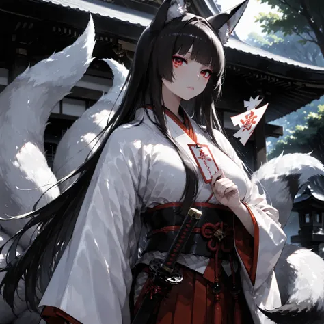 (anime:1.4),(solo:1.5), (:1.5), (adult female)、girls, Nine-Tailed Fox, , dark haired, long hair, Animal ears, , , Fox,, 、 白いNine-Tailed Foxの尻尾 beautiful eye drawing best details Japanese sword Maiden Outfit Shinto suits Ceremony Card Shikigami Tsuki ...