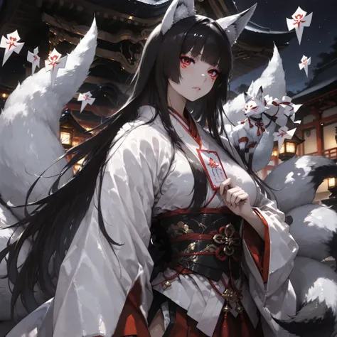 (anime:1.4),(solo:1.5), (:1.5), (adult female)、girls, Nine-Tailed Fox, , dark haired, long hair, Animal ears, , , Fox,, 、  　 白いNine-Tailed Foxの尻尾　beautiful eye drawing　best details　　 Japanese sword　 Maiden Outfit　Shinto suits　Ceremony Card　Shikigami Tsuki ...